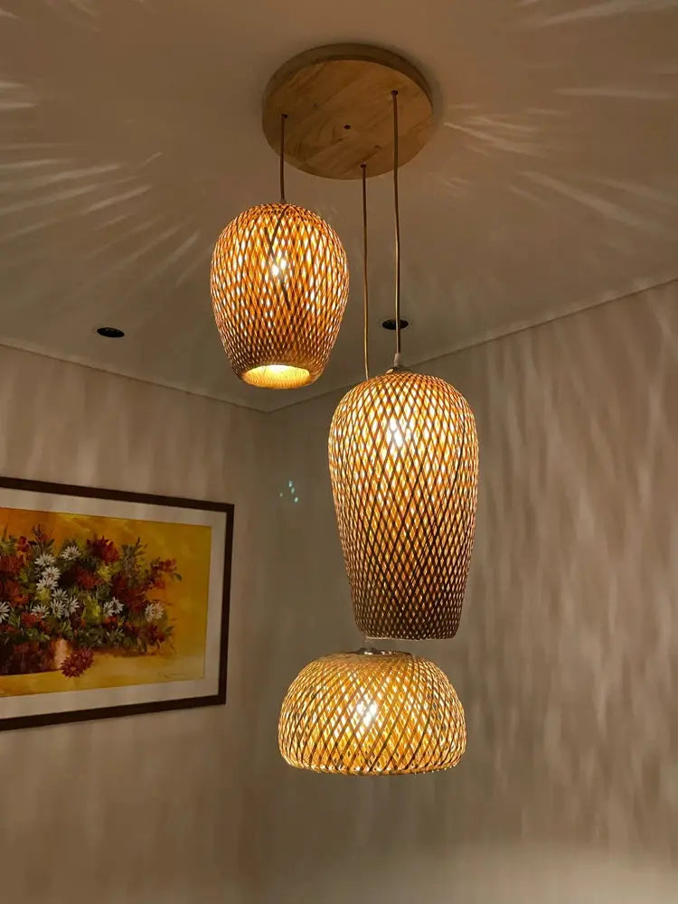 Classic 3Pcs Pendant Lamps Bambooo Wooden E27 Chandeliers Illumination Ceiling Lights Living Room Bedroom Home Lighting Decor KATANA HOUSE