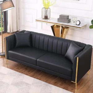 78'' Sofa, Modern White Couches for Living Room, Comfy, Faux Leather Sofa 3 Seater Sofa with 2 Throw Pillows and Gold Metal Legs KATANA HOUSE