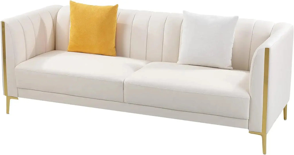 78'' Sofa, Modern White Couches for Living Room, Comfy, Faux Leather Sofa 3 Seater Sofa with 2 Throw Pillows and Gold Metal Legs KATANA HOUSE