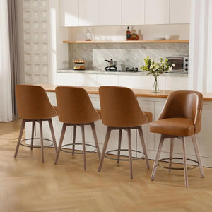 Counter Height Bar Stools Set of 3,Modern Mid-Century Swivel Barstools with Backs and Wood Legs,Linen Fabric Upholstered Bar KATANA HOUSE