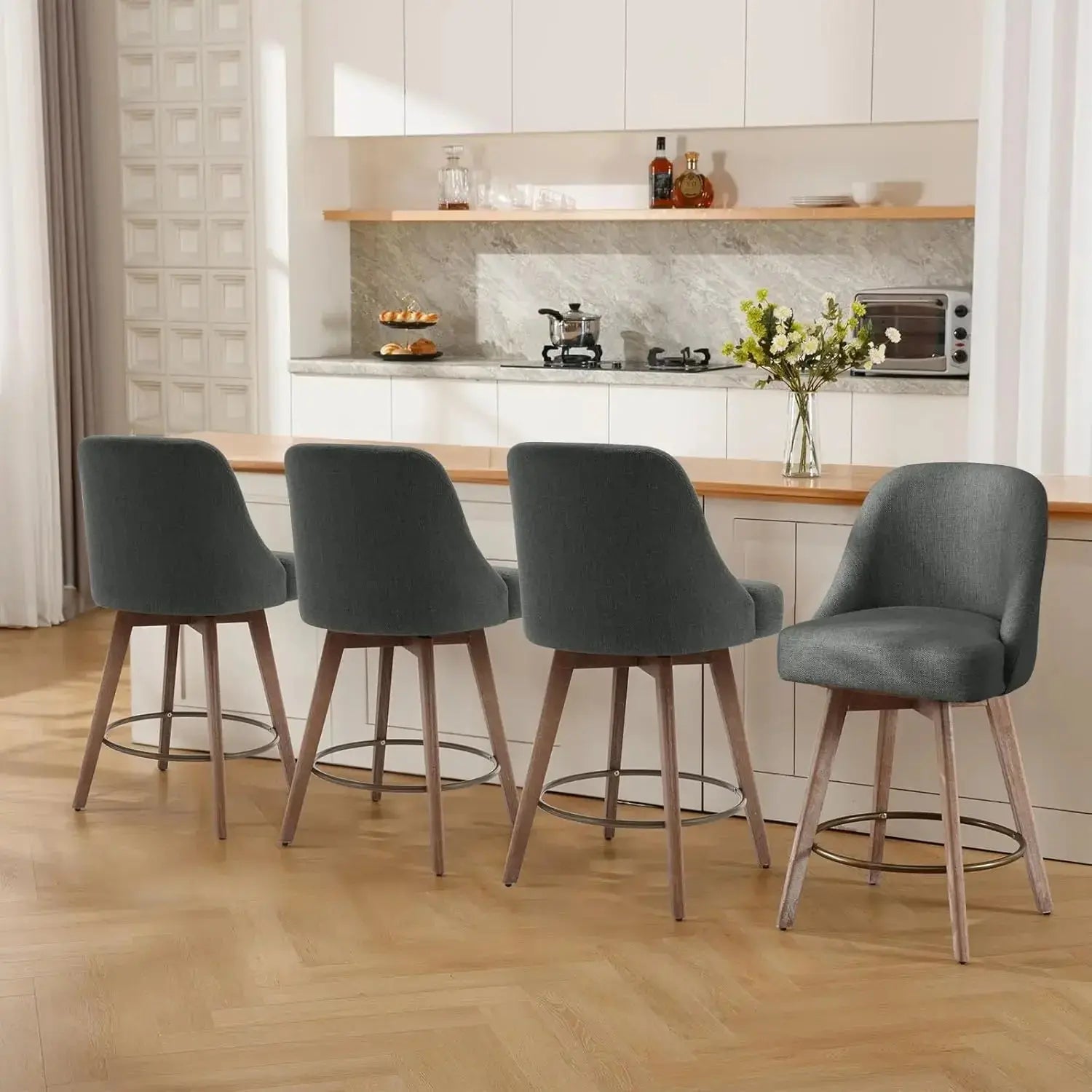 Counter Height Bar Stools Set of 3,Modern Mid-Century Swivel Barstools with Backs and Wood Legs,Linen Fabric Upholstered Bar KATANA HOUSE