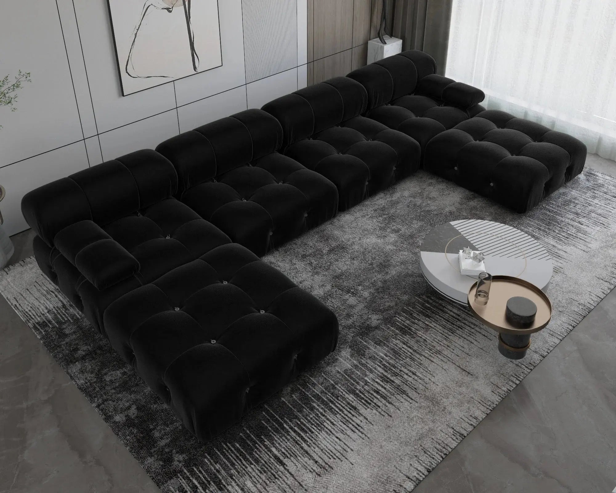 Minimalist Sectional Sofa for Living Room Black Velvet Fabric Modular Couches with Ottomans Comfortable Lounge Couch Sofas Sets KATANA HOUSE