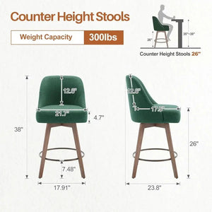 Counter Height Bar Stools Set of 3,Modern Mid-Century Swivel Barstools with Backs and Wood Legs,Linen Fabric Upholstered Bar KATANA HOUSE