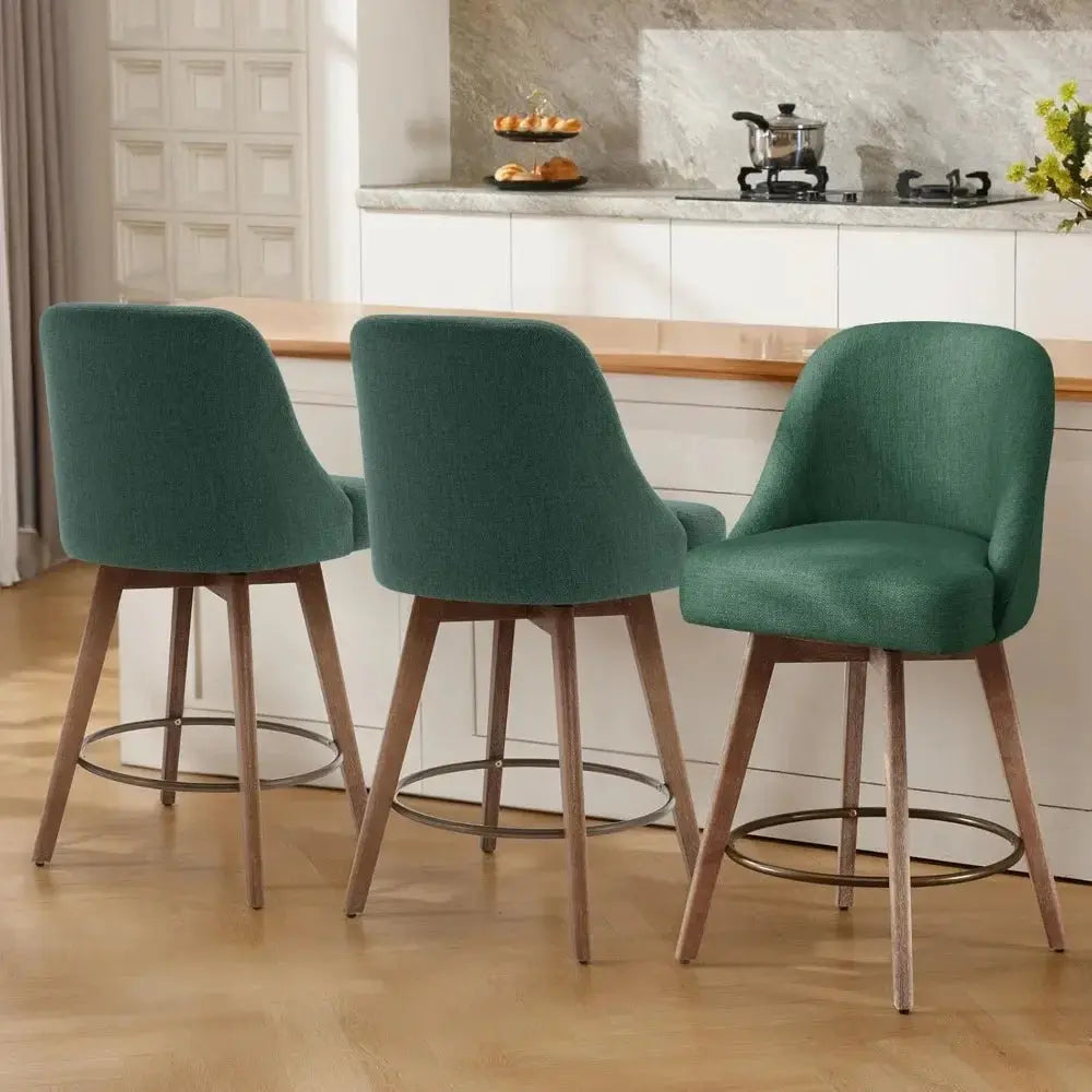 Counter Height Bar Stools Set of 3,Modern Mid-Century Swivel Barstools with Backs and Wood Legs,Linen Fabric Upholstered Bar KATANA HOUSE