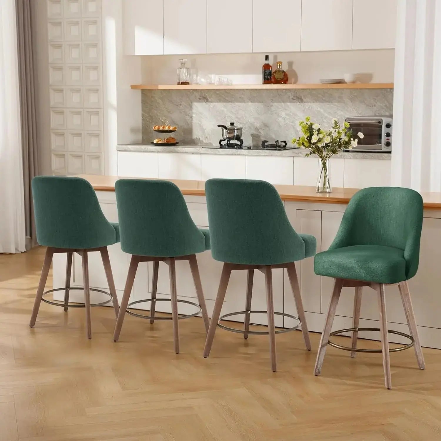 Counter Height Bar Stools Set of 3,Modern Mid-Century Swivel Barstools with Backs and Wood Legs,Linen Fabric Upholstered Bar KATANA HOUSE