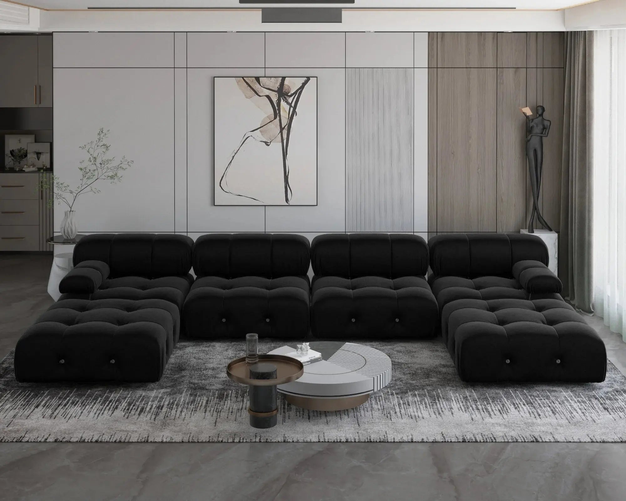 Minimalist Sectional Sofa for Living Room Black Velvet Fabric Modular Couches with Ottomans Comfortable Lounge Couch Sofas Sets KATANA HOUSE