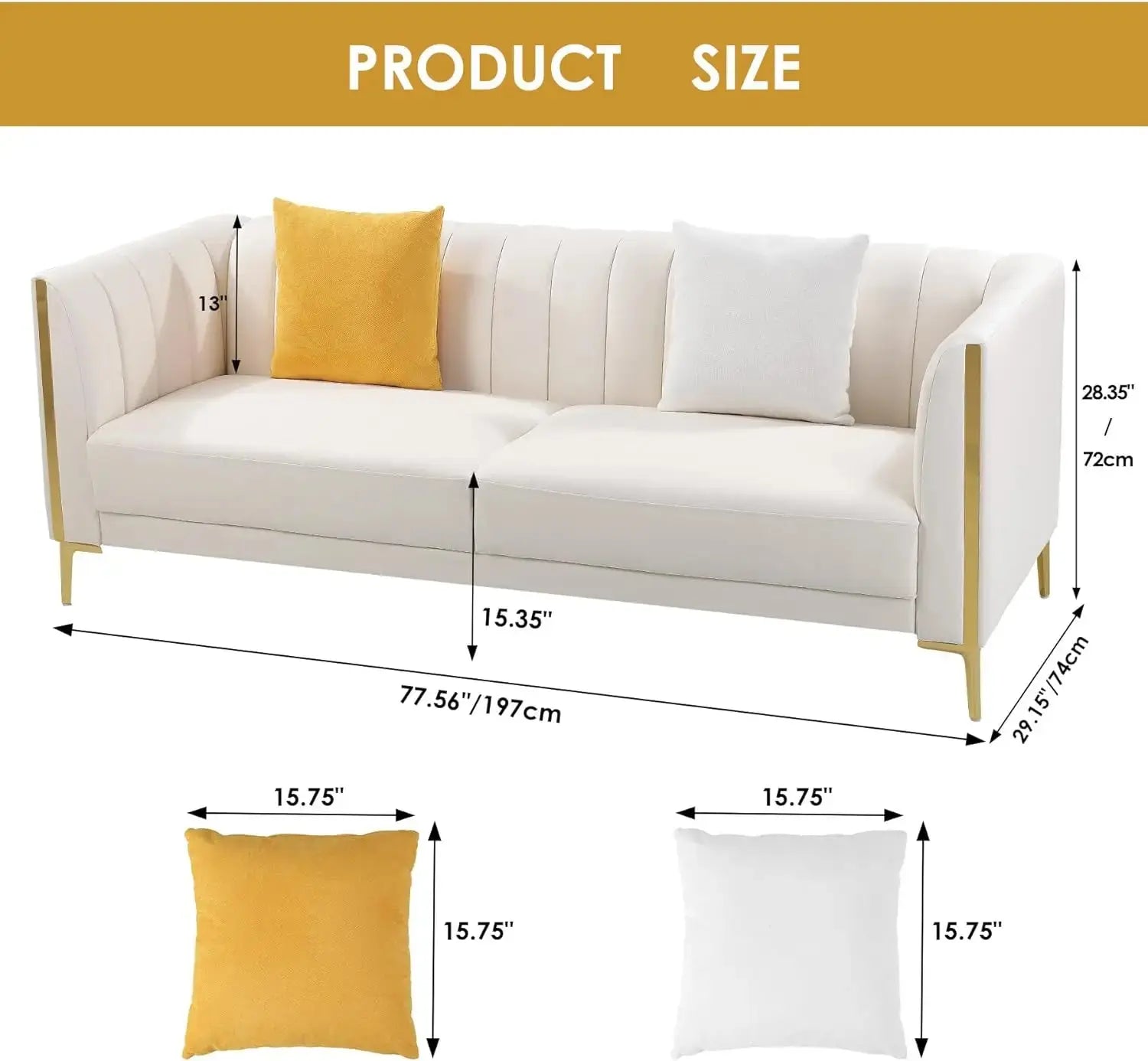 78'' Sofa, Modern White Couches for Living Room, Comfy, Faux Leather Sofa 3 Seater Sofa with 2 Throw Pillows and Gold Metal Legs KATANA HOUSE