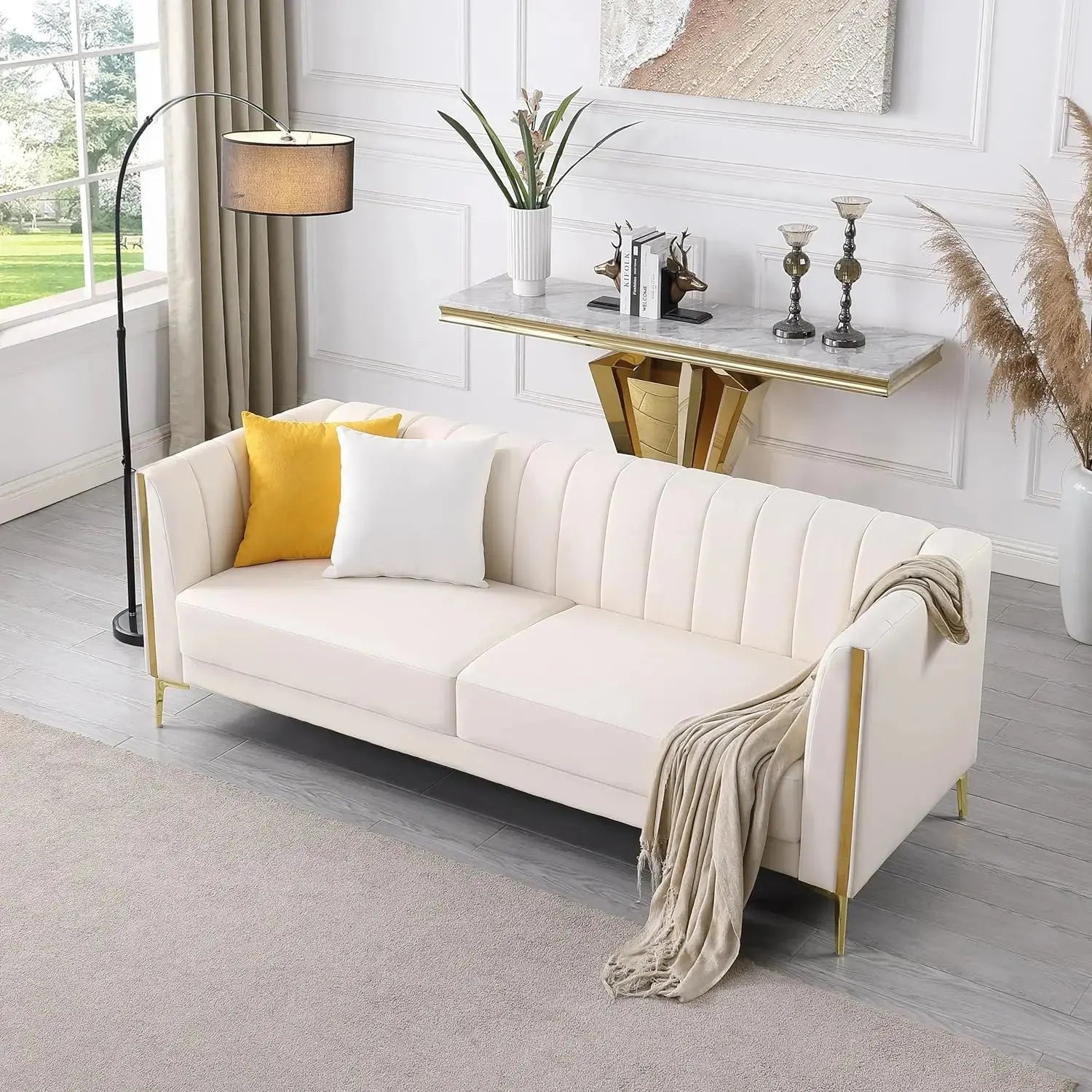 78'' Sofa, Modern White Couches for Living Room, Comfy, Faux Leather Sofa 3 Seater Sofa with 2 Throw Pillows and Gold Metal Legs KATANA HOUSE