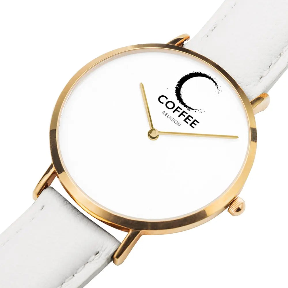 COFFEE RELIGION Hamptons Coffee Time Watch - White Leather Strap gold dial JetPrint Fulfillment