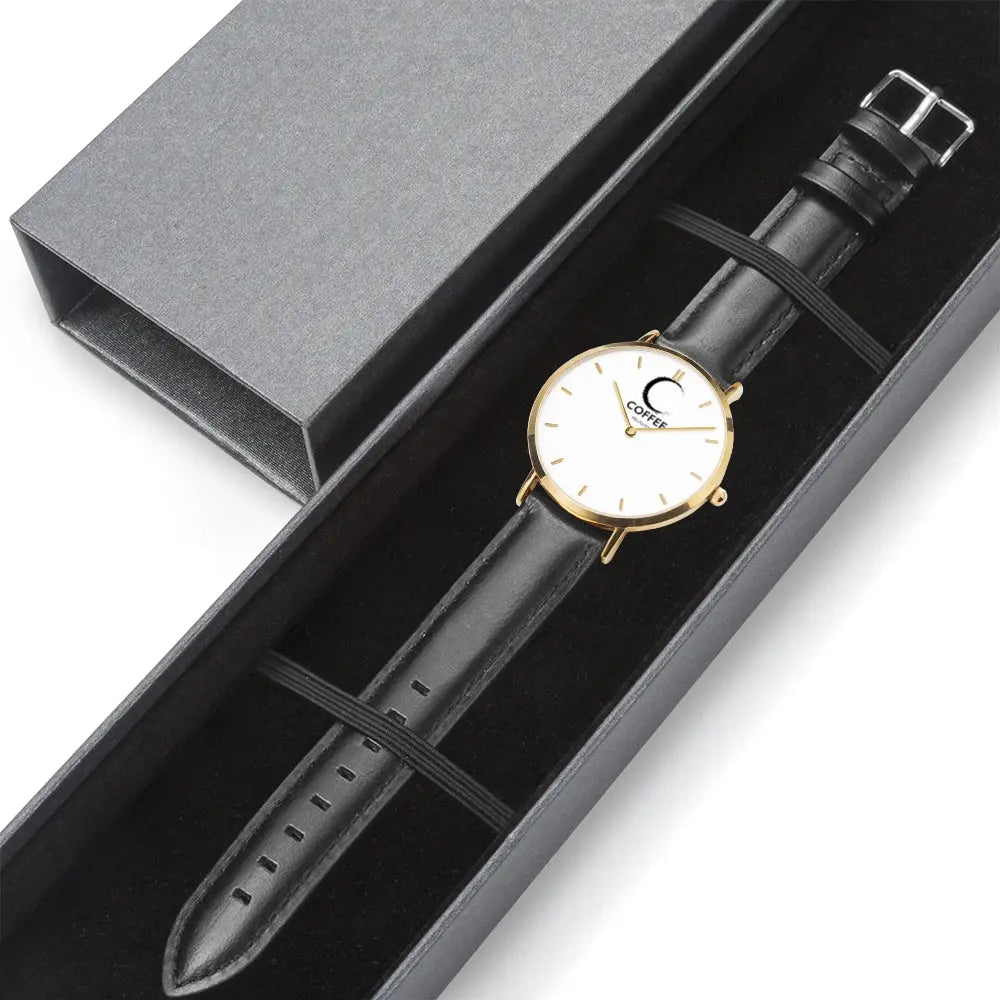 COFFEE RELIGION Hamptons Mark Coffee Time Watch - Black Leather Strap gold dial JetPrint Fulfillment