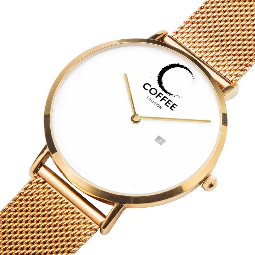 COFFEE RELIGION COFFEE TIME Rose Gold Steel Minimalist Watch with date JetPrint Fulfillment