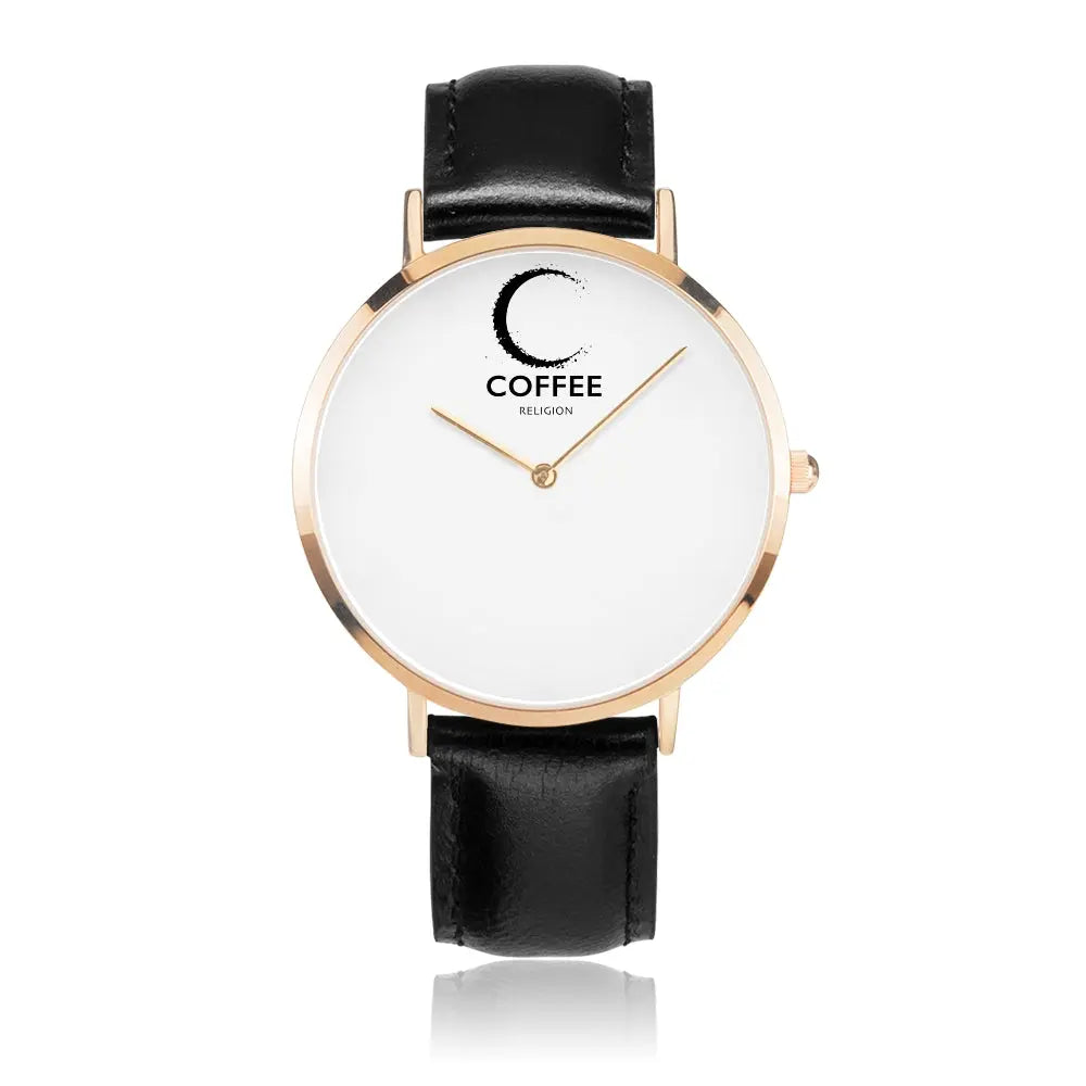 COFFEE RELIGION Hamptons Coffee Time Watch - Black Leather Strap gold dial JetPrint Fulfillment