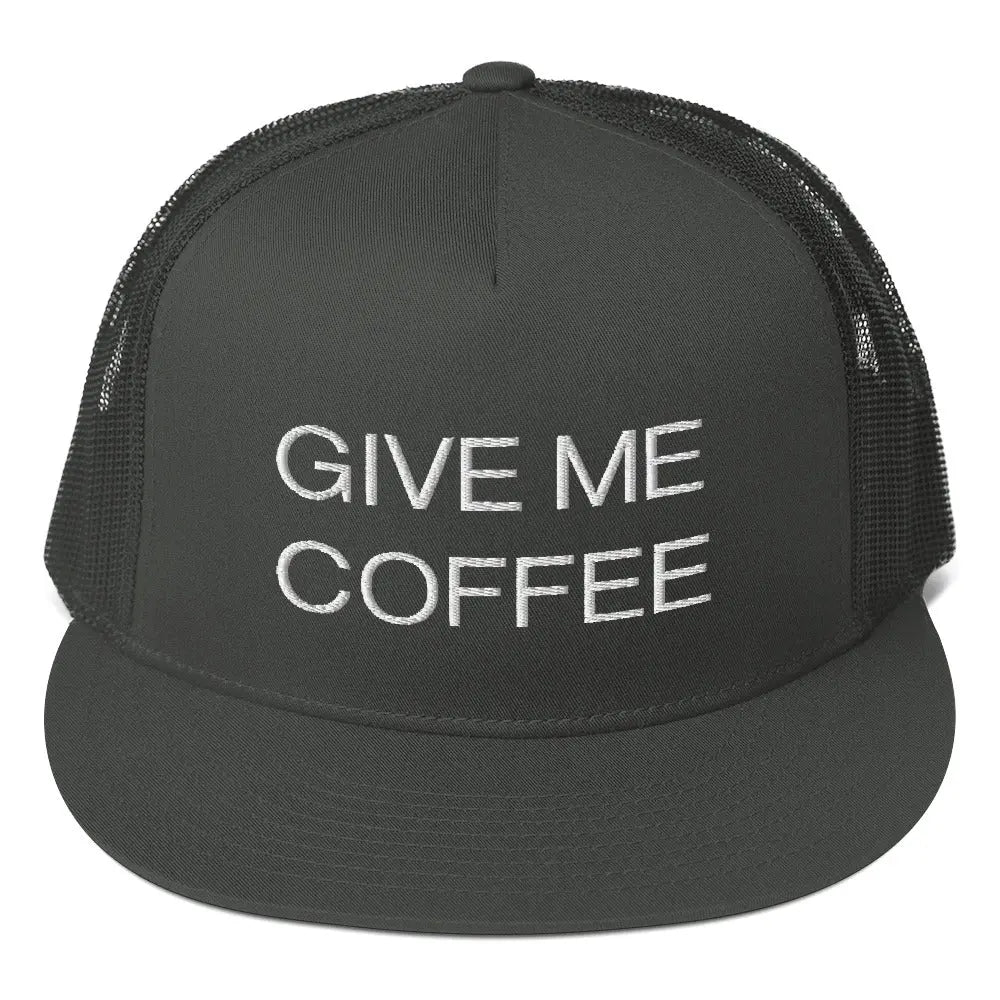 GIVE ME COFFEE Mesh Back Snapback Coffee Religion Trucker Hat Cap in black COFFEE RELIGION