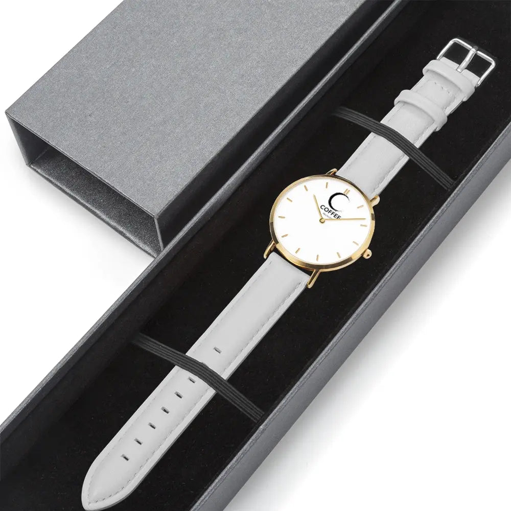 COFFEE RELIGION Hamptons Coffee Time Watch - White Leather Strap gold dial JetPrint Fulfillment