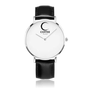 COFFEE RELIGION COFFEE TIME Naples Black Leather Silver Steel Minimalist Watch JetPrint Fulfillment