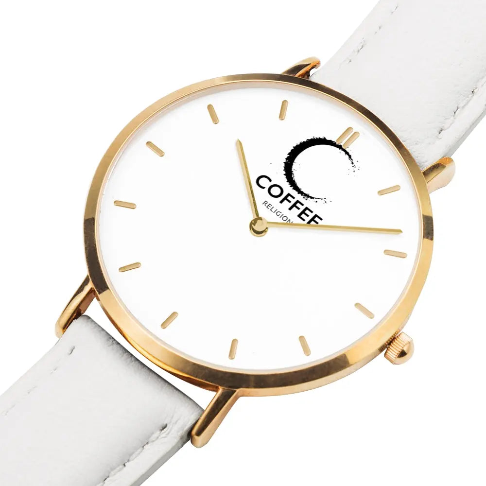 COFFEE RELIGION Hamptons Coffee Time Watch - White Leather Strap gold dial JetPrint Fulfillment